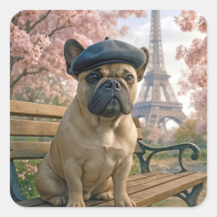 Sticker Carré Bouledogue français sur un banc de parc parisien