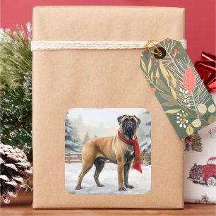 Sticker Carré Bouledogue Mastiff dans la neige de Noël