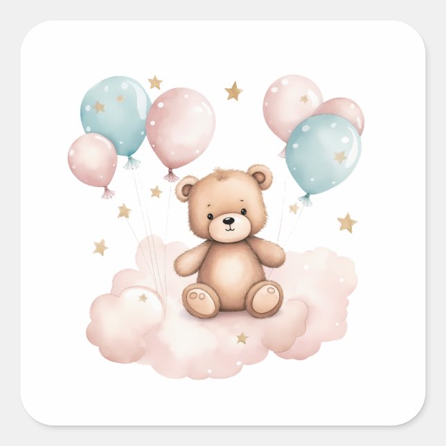 Sticker Carré Boulon d'aquarelle mignon Ours en peluche (Devant)