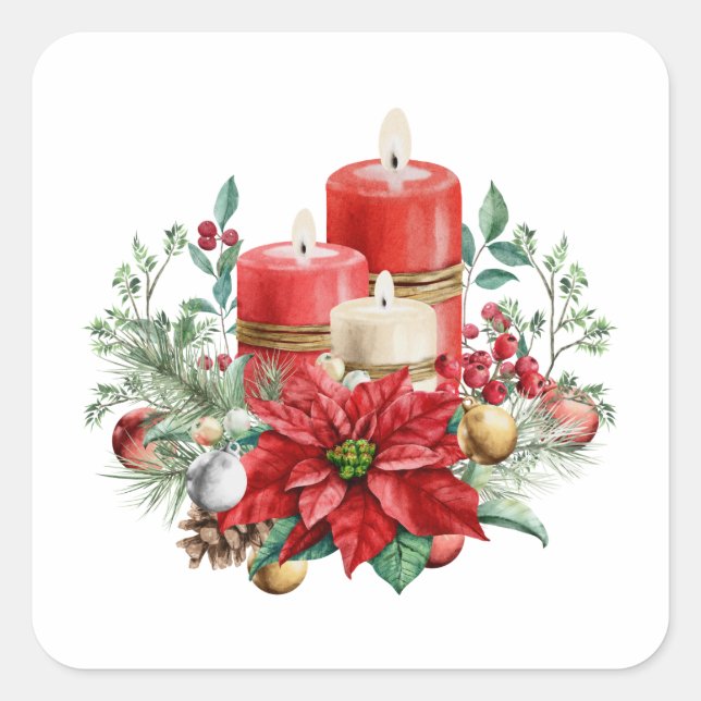 Sticker Carré Bouquet de bougies et Poinsettia Noël (Devant)