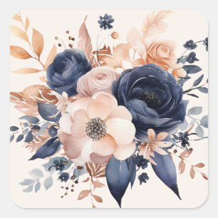 Sticker Carré Bouquet de mariage bleu marine pêche cuivre