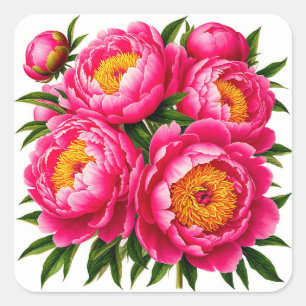 Sticker Carré Bouquet de pivoines rose vif avec feuilles vertes