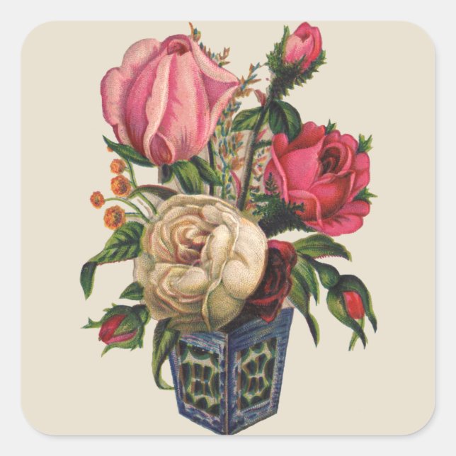 Sticker Carré Bouquet de roses à fleurs de style victorien rose (Devant)