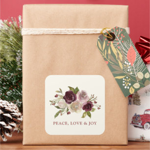 Sticker Carré Bouquet d'hiver Paix Amour et Joie Noir Fêtes