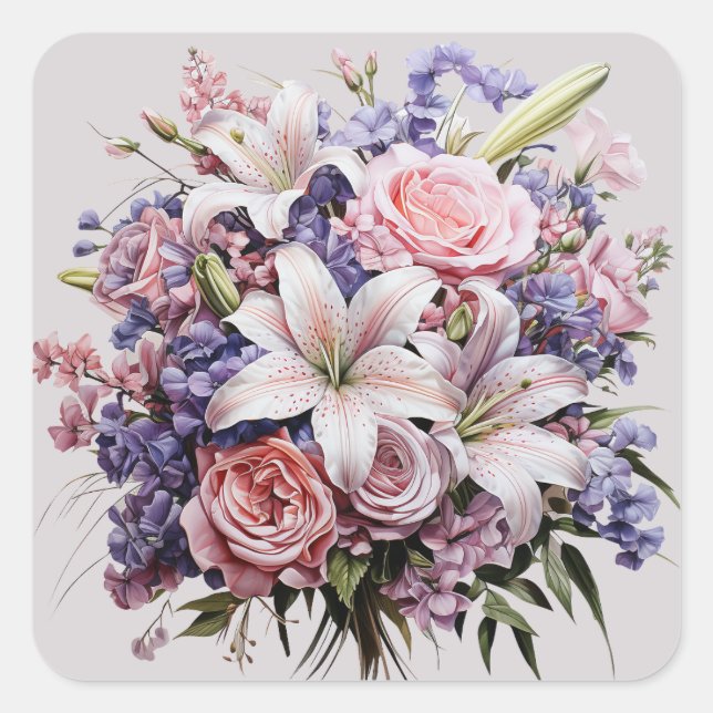 Sticker Carré Bouquet mariage blanc rose pourpre (Devant)