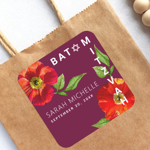 Sticker Carré Bourgogne Bat mitzvah Rouge Floral Aquarelle moder