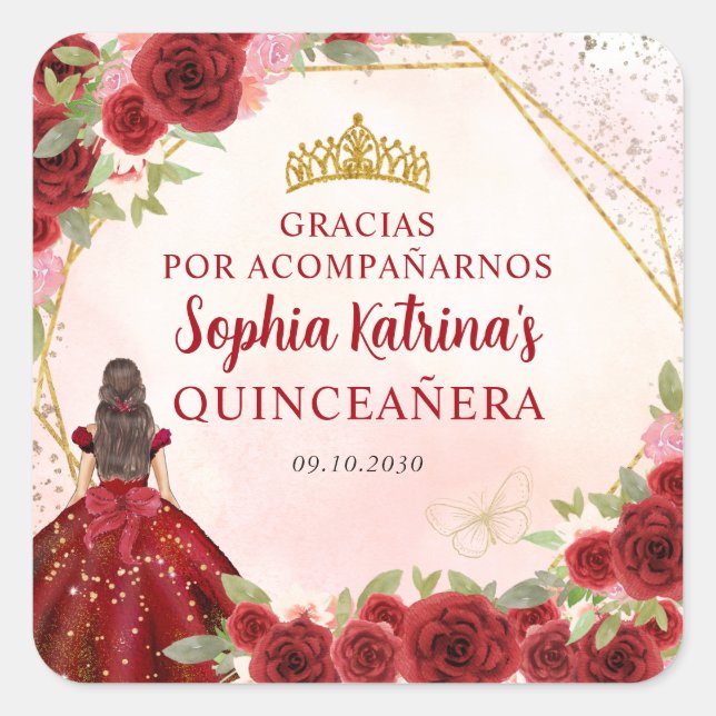 Sticker Carré Bourgogne Rouge or Floral Princesse Tiara Merci (Devant)