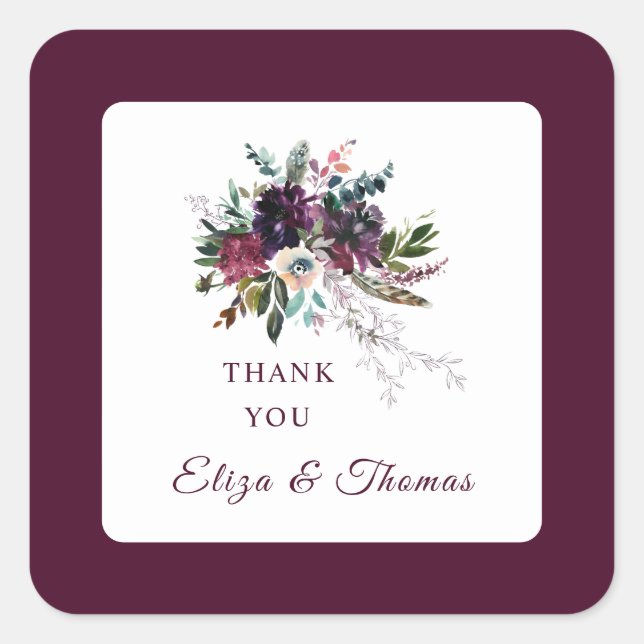 Sticker Carré Bourgogne Splendor Boho Merci Mariage Floral (Devant)
