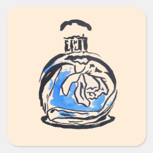 Sticker Carré Bouteille de parfum d'illustration de mode bleue