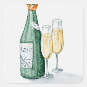 Sticker Carré Bouteilles de champagne et deux verres