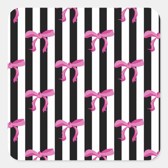 Sticker Carré Boutons roses sur bandes noires et blanches (Devant)