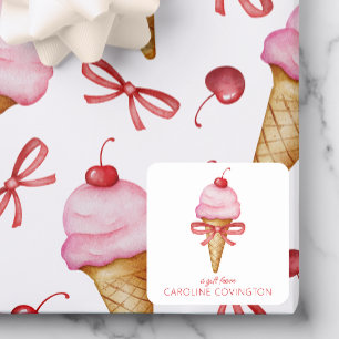Sticker Carré Bow Aquarelle Pink Ice Cream Cone Enceinte Cadeau