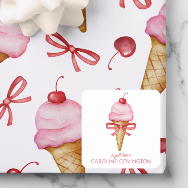 Sticker Carré Bow Aquarelle Pink Ice Cream Cone Enceinte Cadeau (Créateur téléchargé)