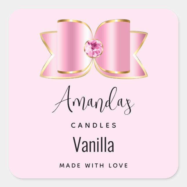 Sticker Carré Bow en verre rose avec une bougie centre (Devant)