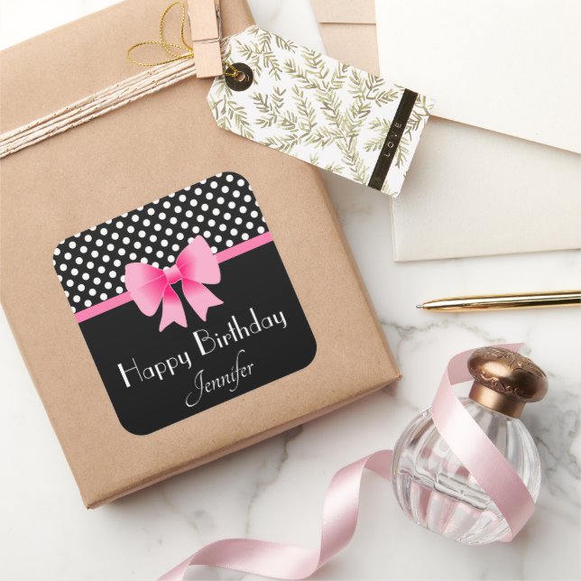 Sticker Carré Bow Rose Noir Et Blanc Pois Anniversaire (Cadeaux)