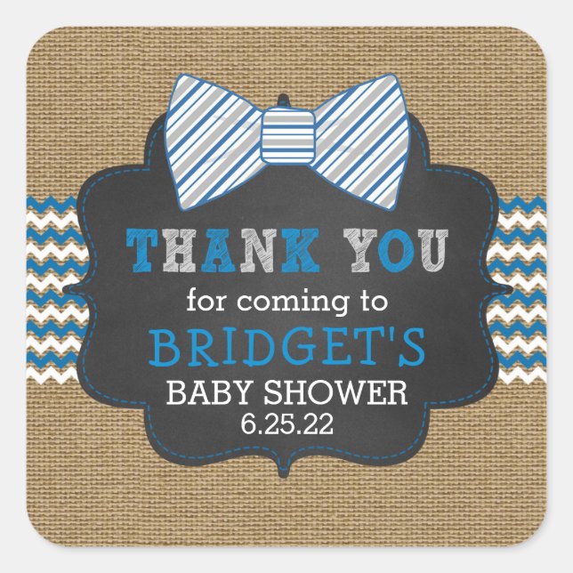 Sticker Carré Bowtie de burlap rustique merci, baby shower garço (Devant)