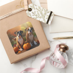 Sticker Carré Boxer Chiot Automne Citrouille de plaisir