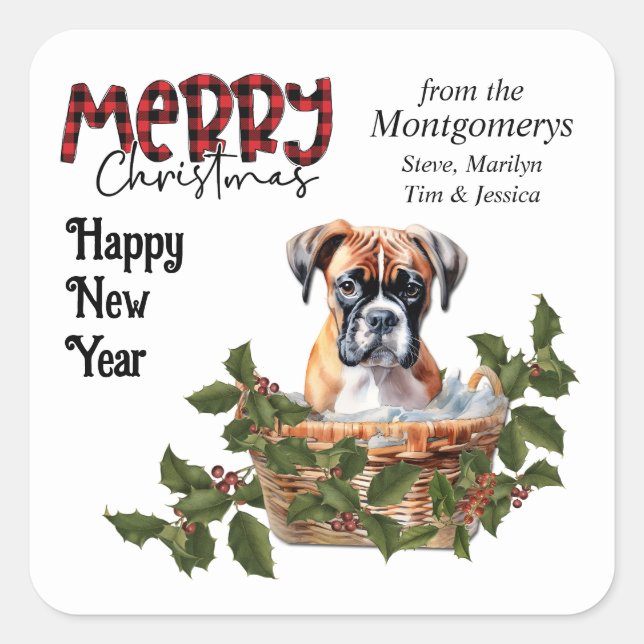 Sticker Carré Boxer Puppy Holly Panier Noël (Devant)