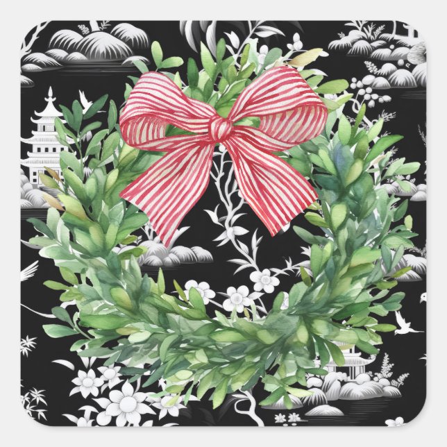 Sticker Carré Boxwood Wreath Chinoiserie Bow (Devant)