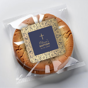 Sticker Carré Boy Baptism Vintage Gold Roses Marine Bleu Élégant