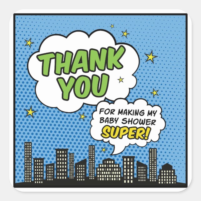 Sticker Carré Boy Comic Book Superhero Baby shower Merci (Devant)
