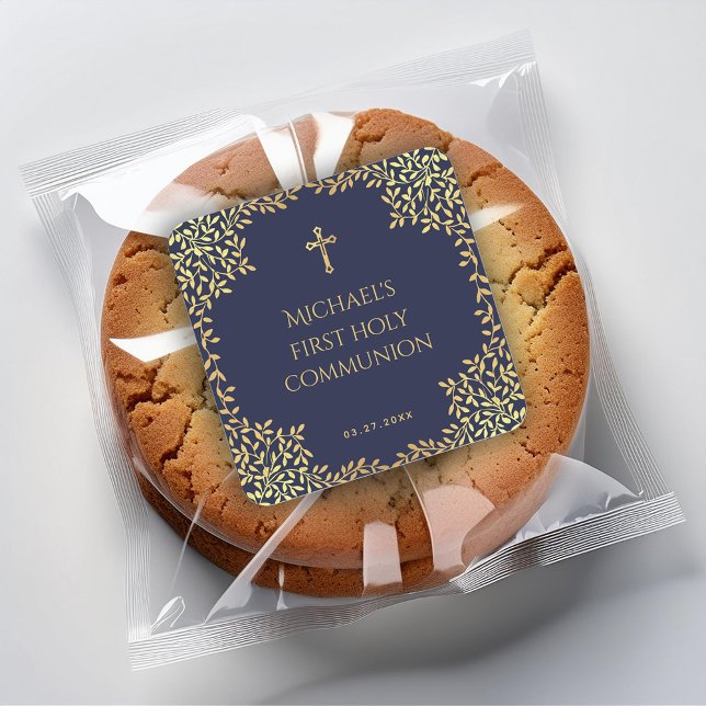 Sticker Carré Boy First Communion Marine Blue Faux Gold Feuilles (Créateur téléchargé)