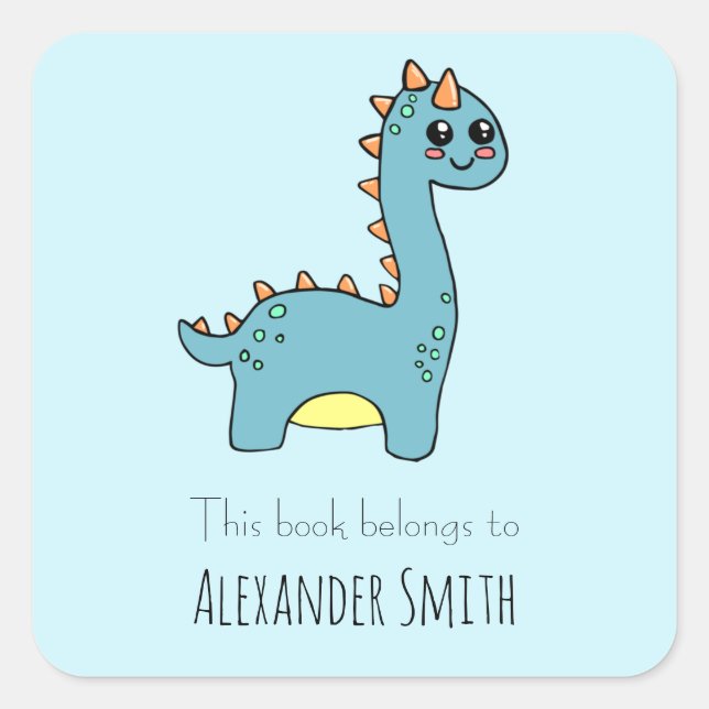 Sticker Carré Boys Blue Dinosaur Ce Livre Appartient Au Nom (Devant)