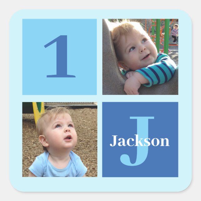 Sticker Carré Boys Photo Collage Custom Blue Anniversaire de enf (Devant)