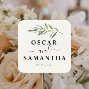 Sticker Carré Branche simple à l'aquarelle vert olive