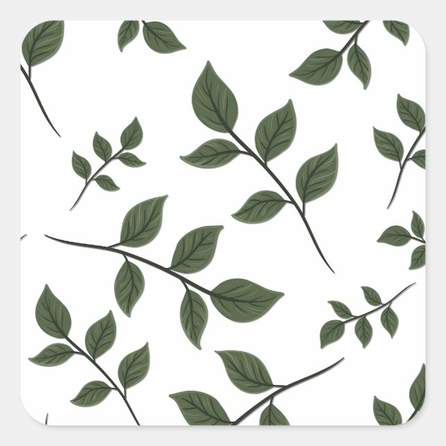 Sticker Carré Branches de feuillage avec Feuilles verts en blanc (Devant)