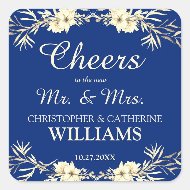 Sticker Carré Bravo à M. & Mme Blue Floral Mariage (Devant)