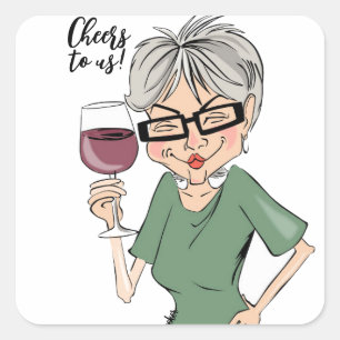 Sticker Carré Bravo ! Carte Lady Boire Vin Cartoon