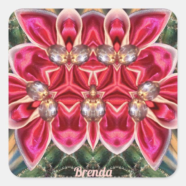 Sticker Carré BRENDA ~ Nuances Vert, Argent, Rose (Devant)