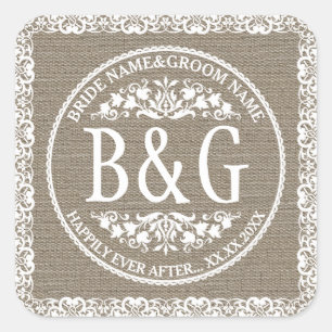 Sticker Carré Bride&Groom personnalisée Burlap&Lace