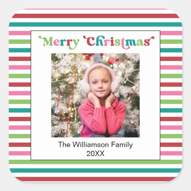 Sticker Carré Bright Holiday Christmas Stripes Modèle photo (Devant)