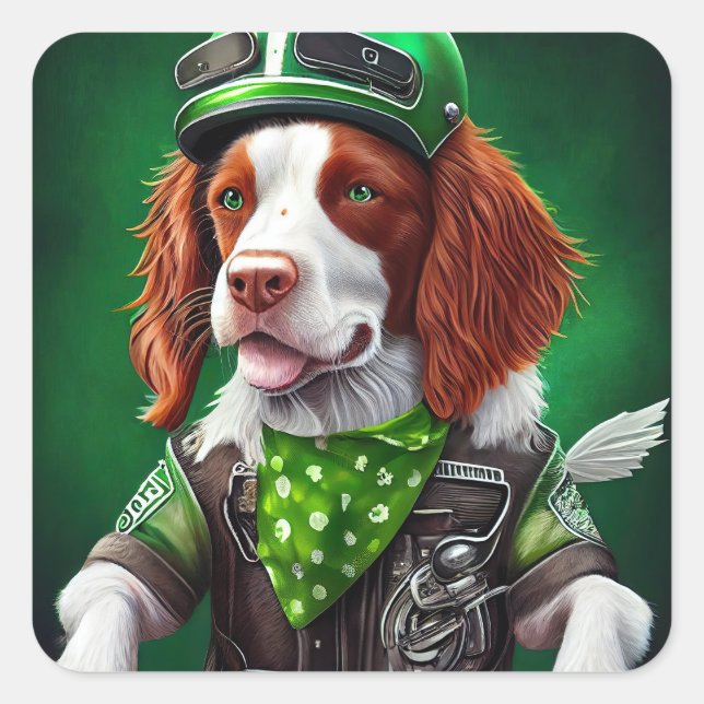 Sticker Carré Brittany Spaniel conduite vélo St. Patrick's Day (Devant)
