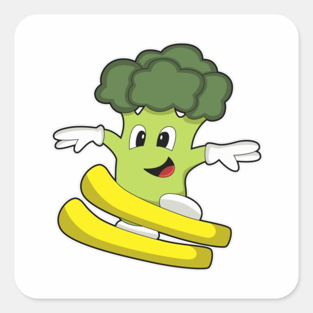 Sticker Carré Broccoli comme skieur avec ski (Devant)