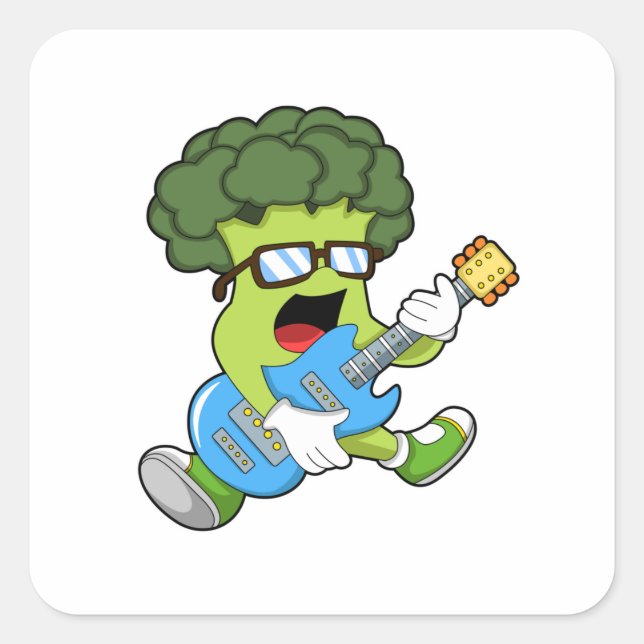 Sticker Carré Brocoli comme musicien avec guitare (Devant)