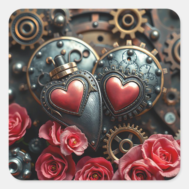 Sticker Carré Bronze et or Métal Coeur et engrenages Steampunk (Devant)