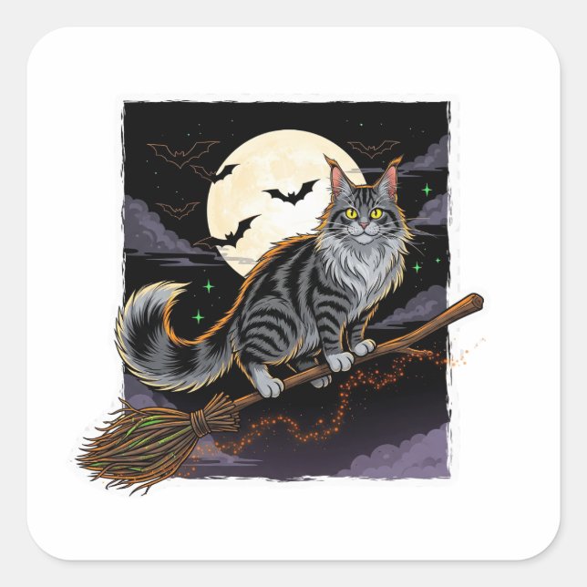 Sticker Carré Broomstick Rider Coon - Maine Coon Halloween (Devant)