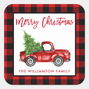 Sticker Carré Brosse Script Camion Noël Rouge Plaid L