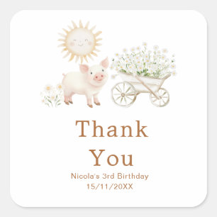 Sticker Carré Brouette de cochon mignon pour fête d'anniversaire