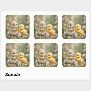Sticker Carré Broustillant mignon et poulet Scene de Pâques