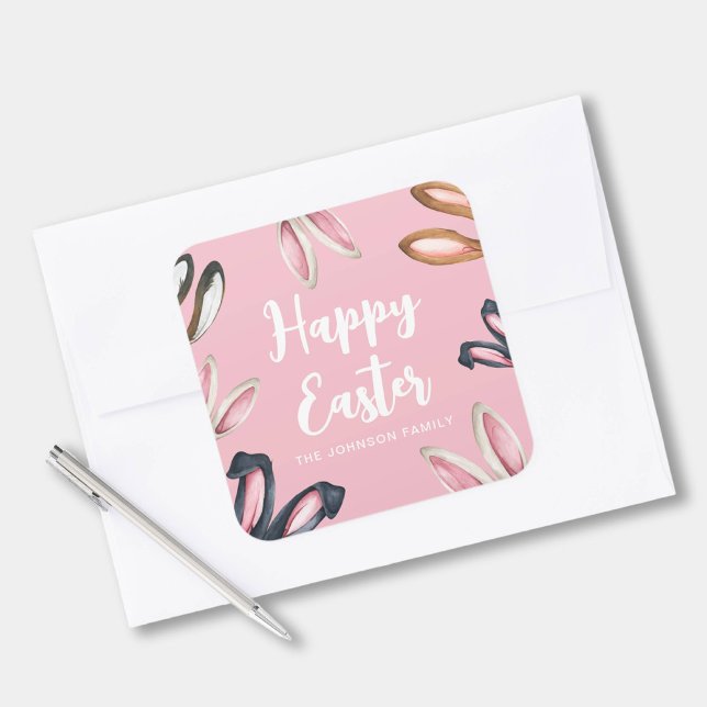 Sticker Carré Broustillante Oreilles Joyeuses Pâques (Cute Bunny Ears Happy Easter Square Sticker)