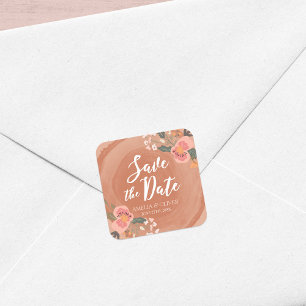 Sticker Carré Brown bois Rustique Floral Enregistrer la date