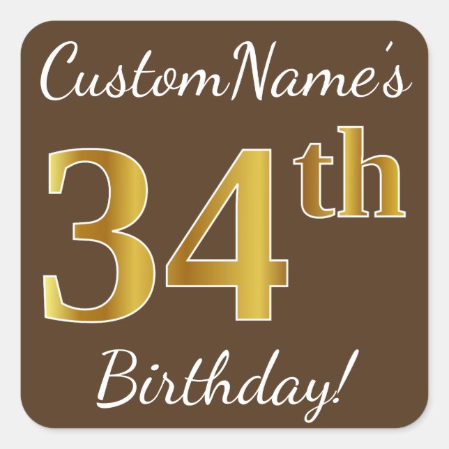 Sticker Carré Brown, Faux Gold 34e anniversaire + Nom personnali (Devant)