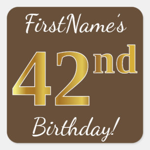 Sticker Carré Brown, Faux Gold 42e anniversaire + Nom personnali