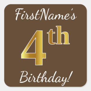 Sticker Carré Brown, Faux Gold 4ème anniversaire + Nom personnal