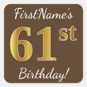 Sticker Carré Brown, Faux Gold 61e anniversaire + Nom personnali