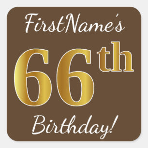 Sticker Carré Brown, Faux Gold 66e anniversaire + Nom personnali